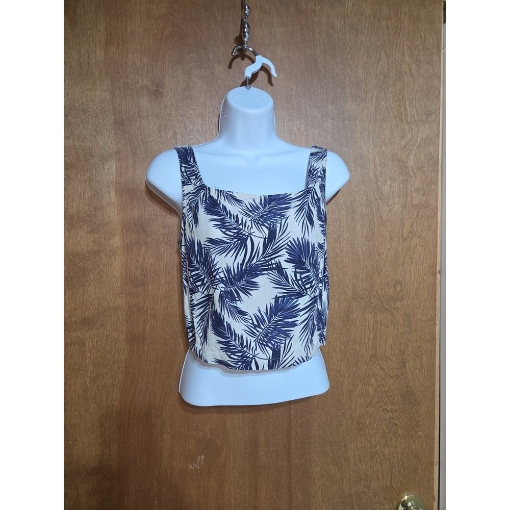 Panama Jack Womens Small Blue White Tropical Palm Print Linen Blend Crop Top